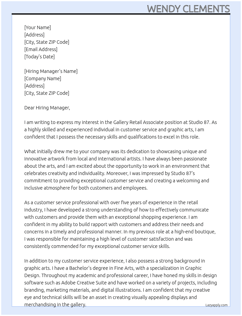 Gallery Retail Associate At Studio 87 Cover Letter