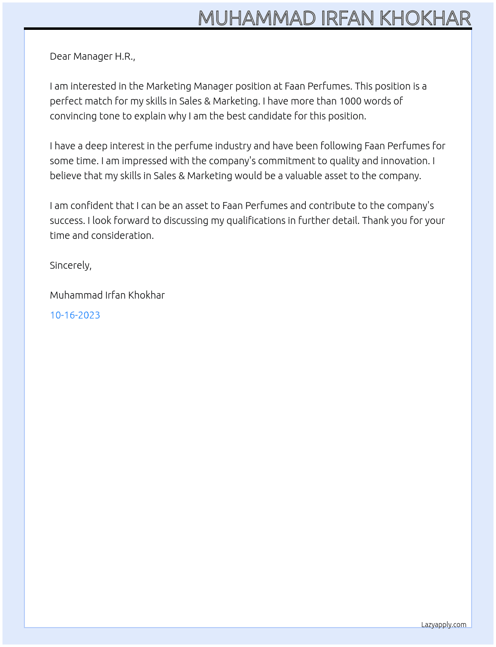 Marketing Manager At Faan Perfumes Cover Letter