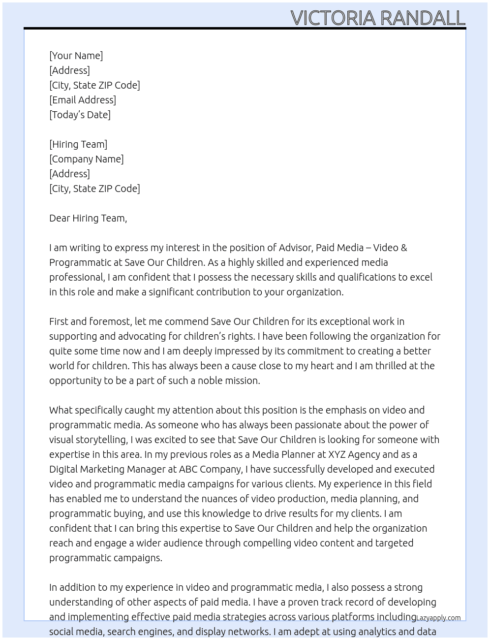 Advisor, Paid Media - Video & Programmatic At Save Our Children Cover Letter