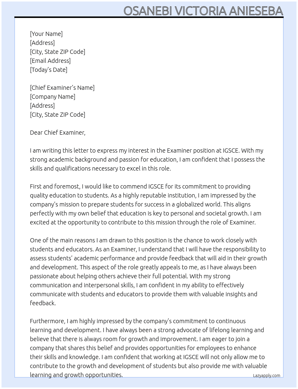 Examiner At IGSCE Cover Letter