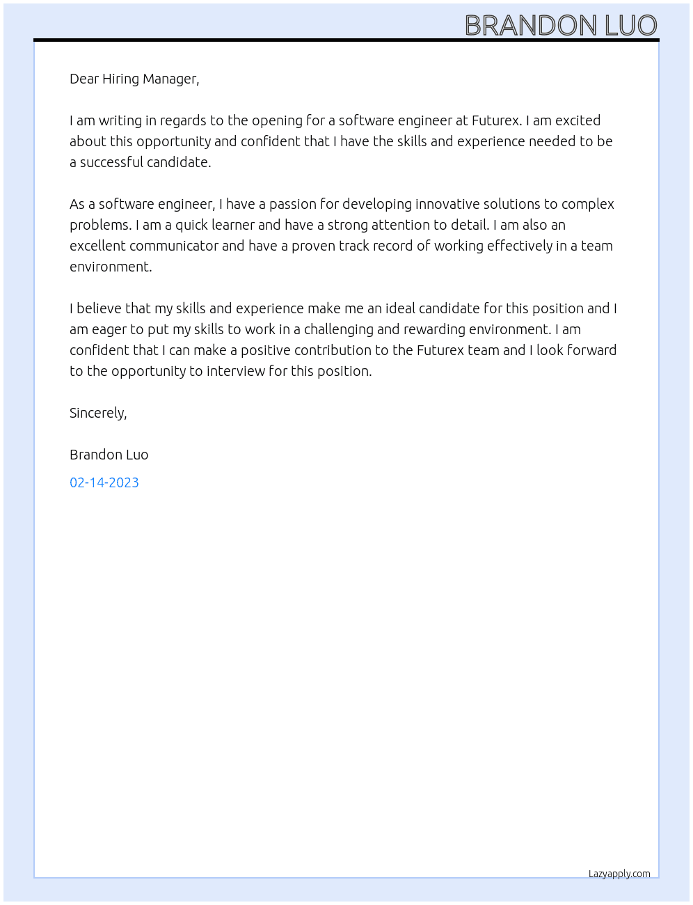 Software Engineer  At Futurex Cover Letter
