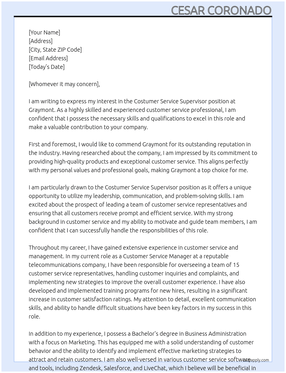 Costumer Service Supervisor At Graymont Cover Letter