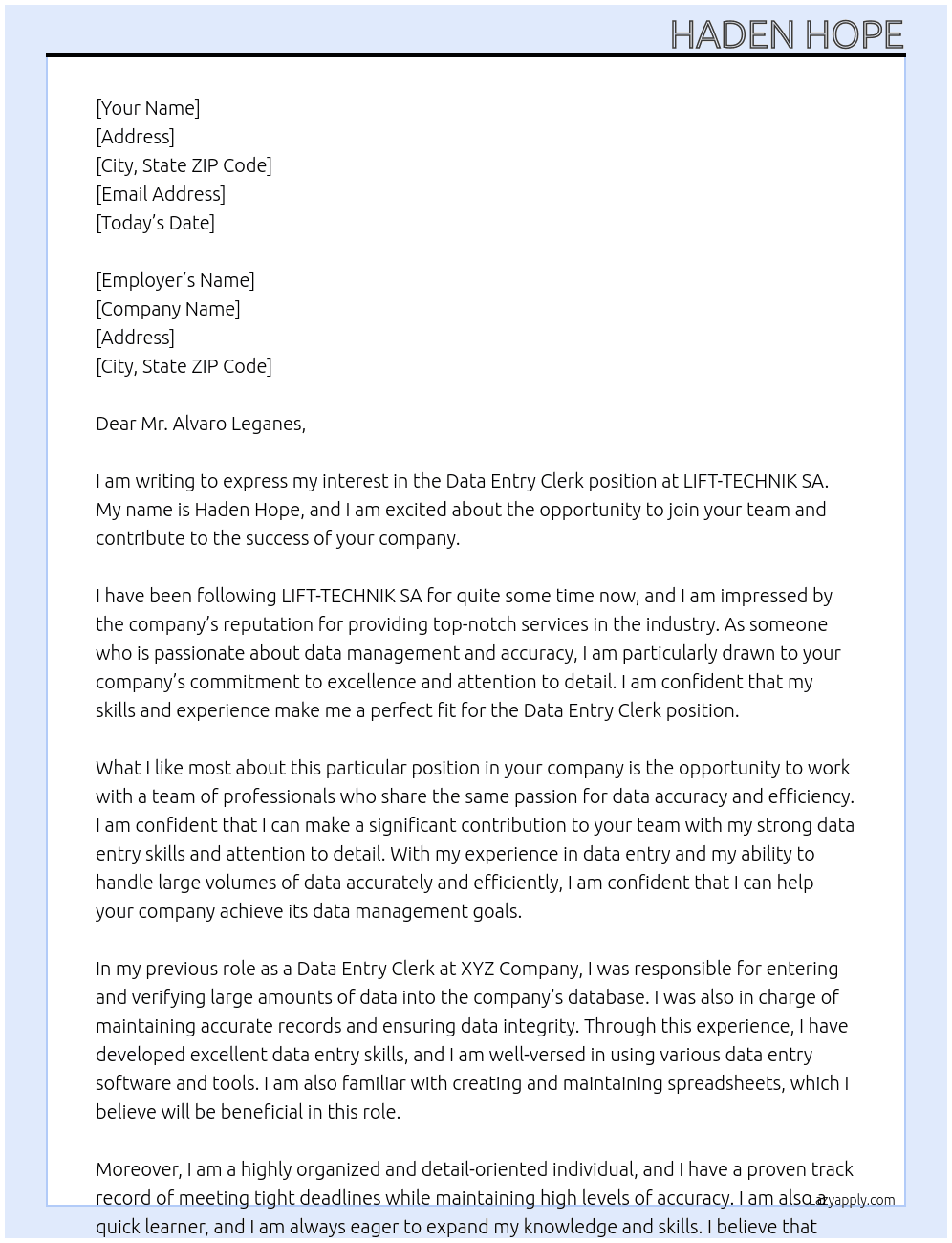 Data Entry Clerk At LIFT-TECHNIK SA Cover Letter