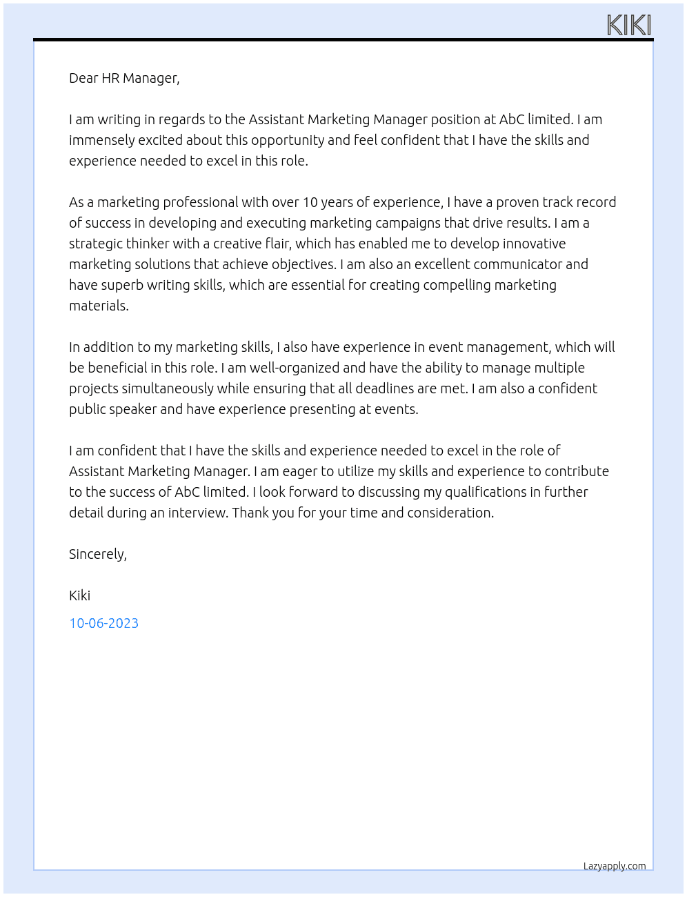 Assistant Marketing Manager At AbC limited Cover Letter