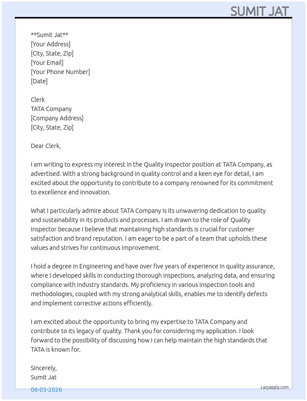 Quality Inspector  At TATA company Cover Letter