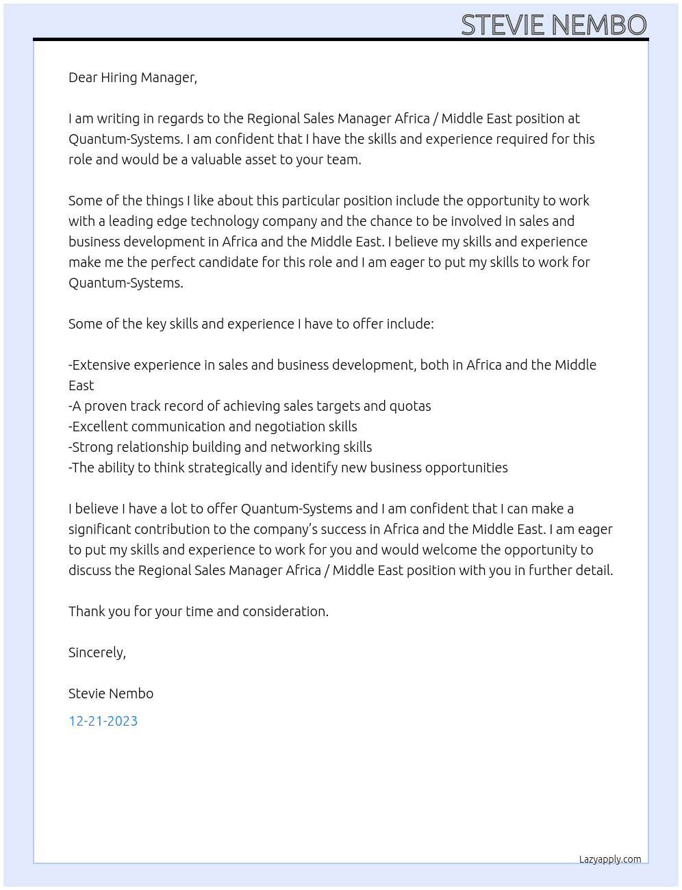 Regional Sales Manager Africa / Middle East At Quantum-Systems Cover Letter