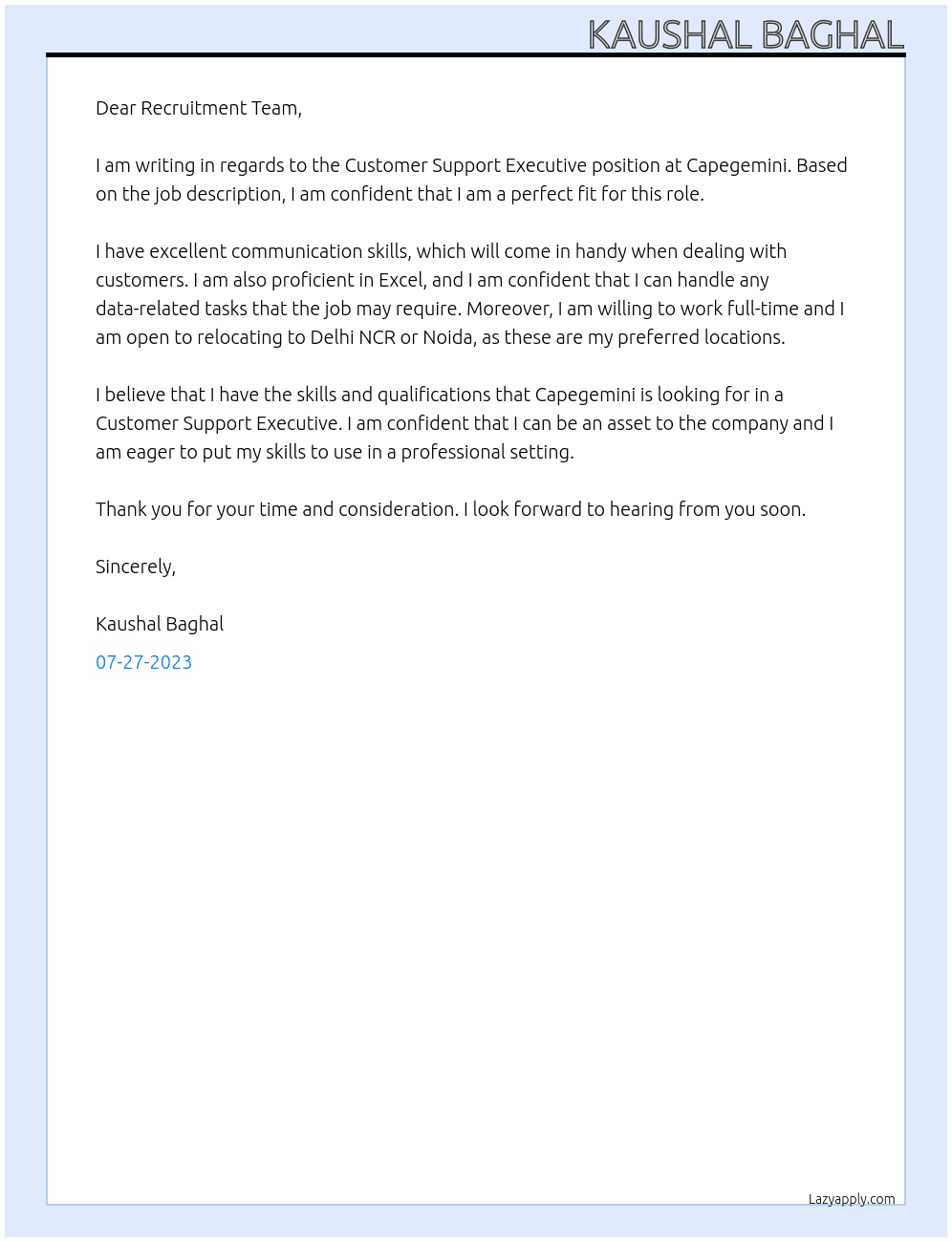 Customer Support Executive  At Capegemini Cover Letter