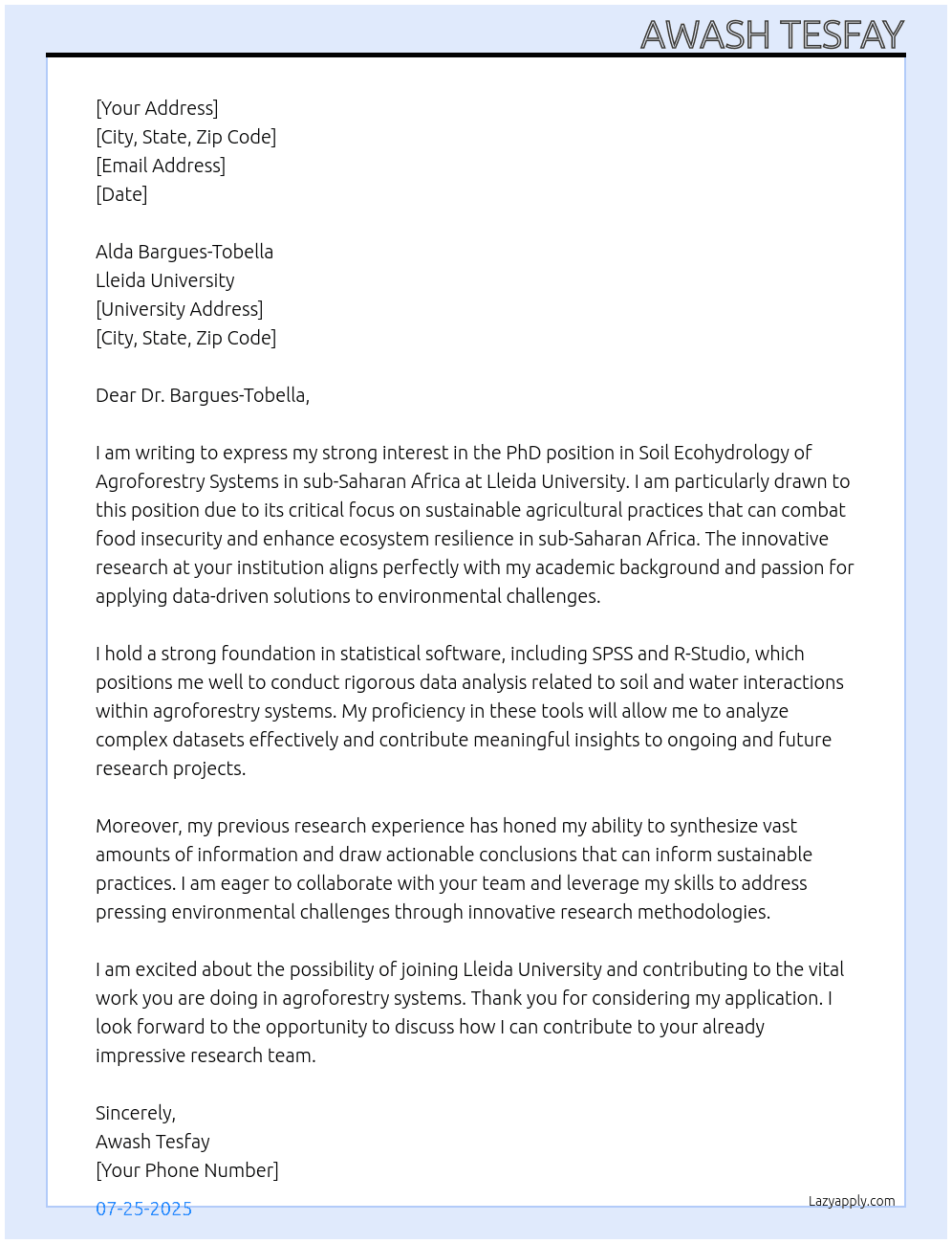 PhD position in Soil Ecohydrology of Agroforestry Systems in sub-Saharan Africa At Lieida University Cover Letter