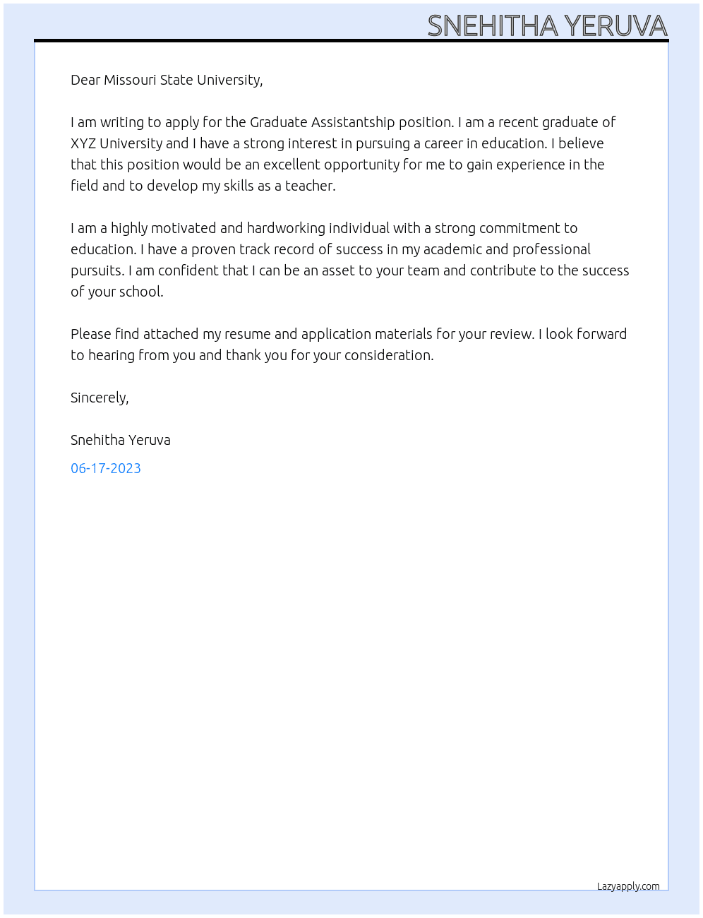 Graduate Assistantship  At Missouri State University  Cover Letter