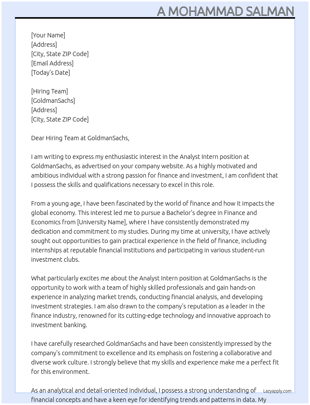 Analyst Intern At GoldmanSachs Cover Letter