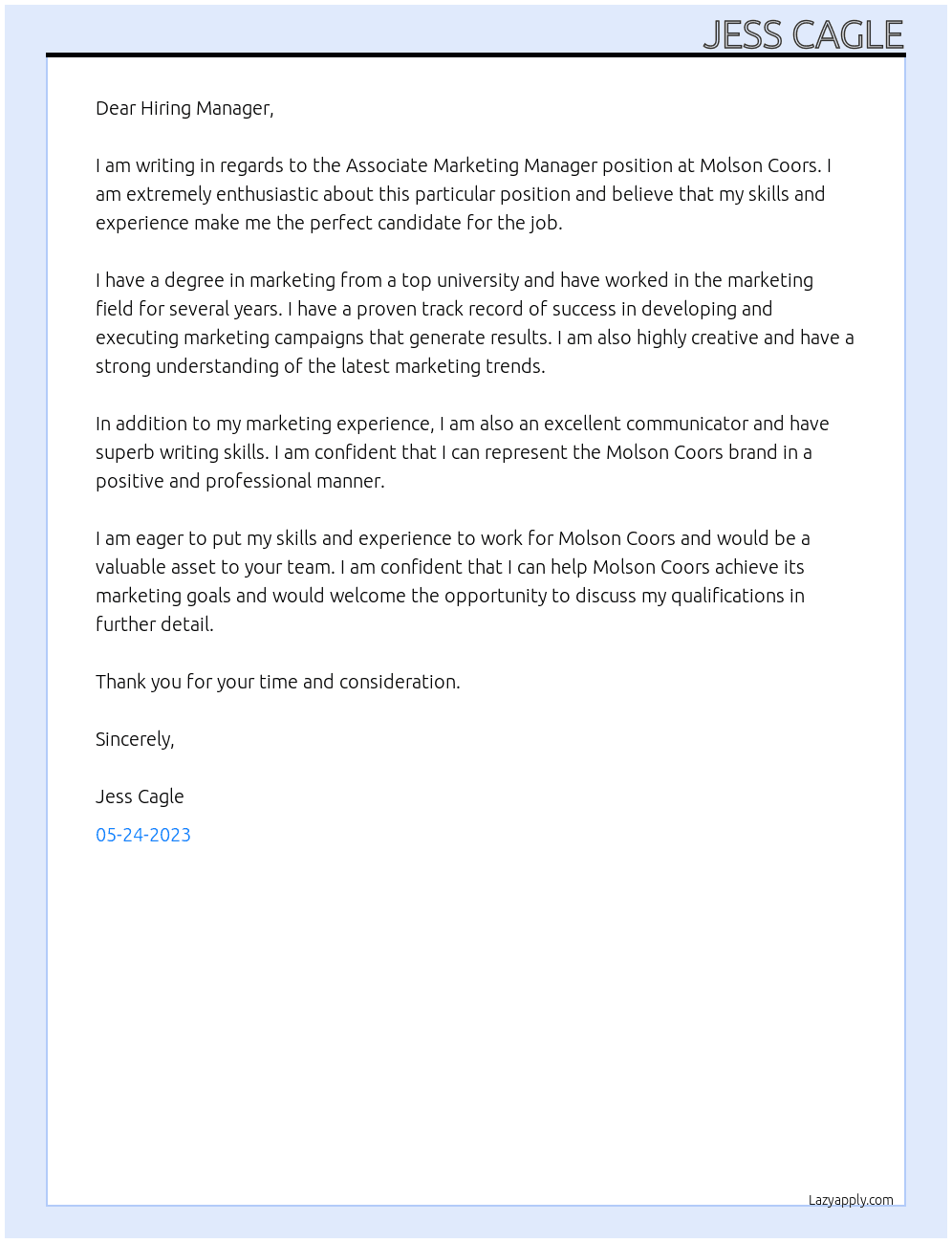 Associate Marketing Manager At Molson Coors Cover Letter