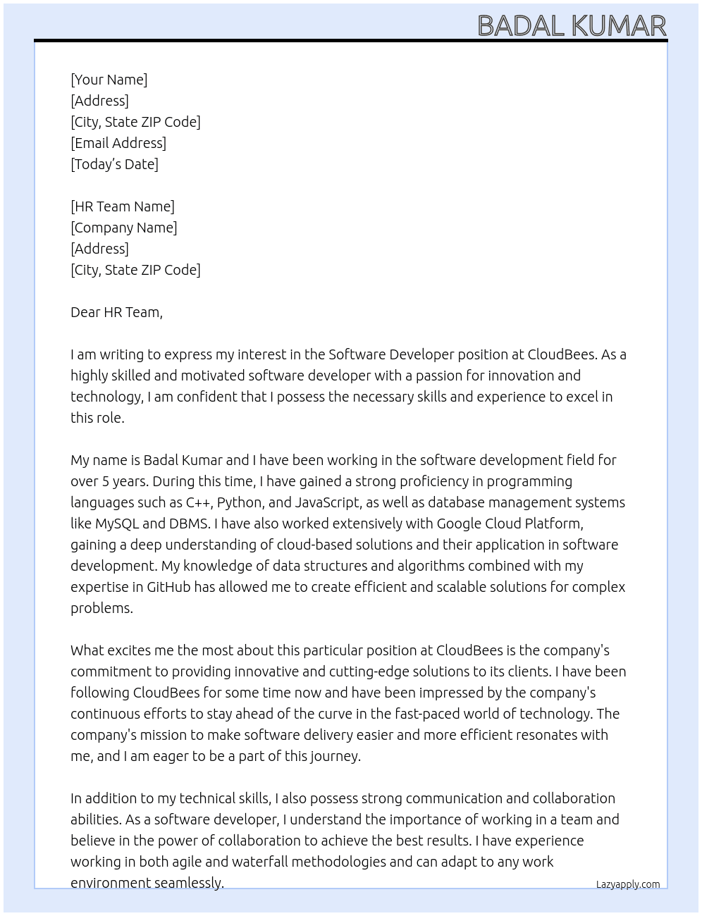 Software Developer At CloudBees Cover Letter