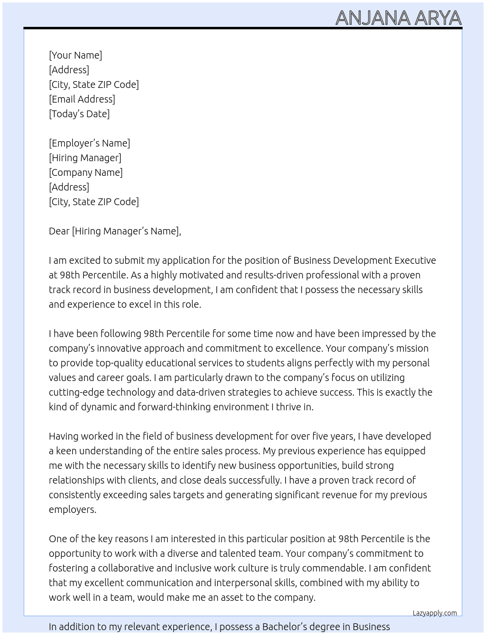 Business Development Executive At 98th Percentile  Cover Letter
