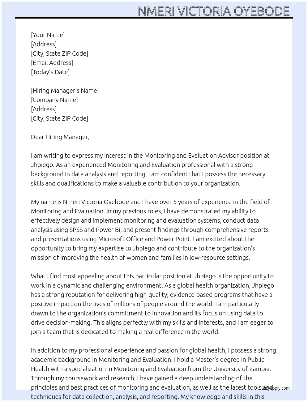 Monitoring and Evaluation Advisor At Jhpiego Cover Letter