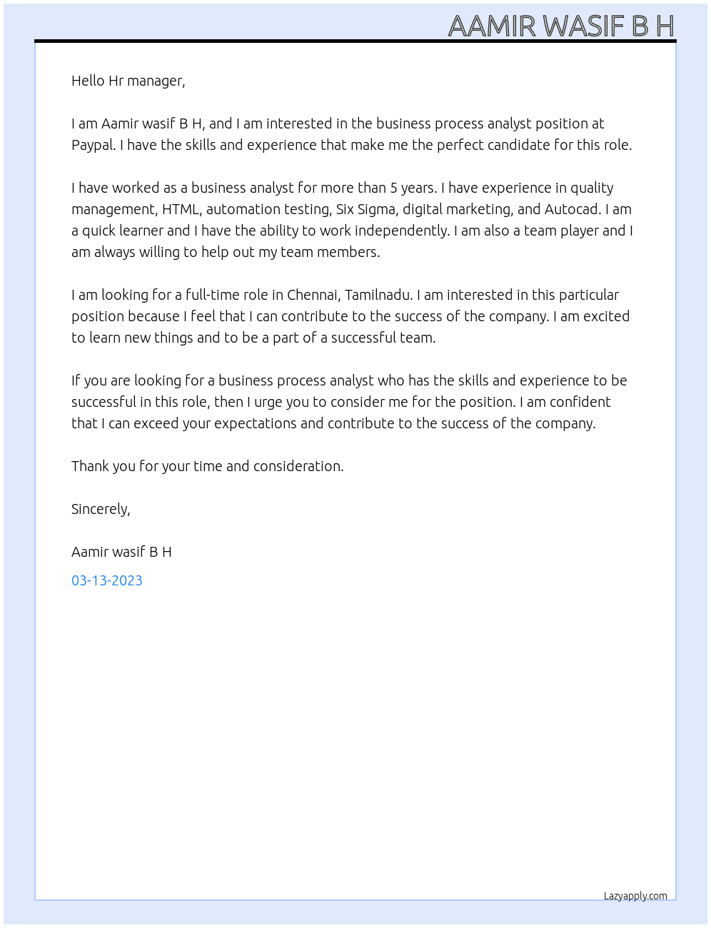 business  process analyst At Paypal Cover Letter
