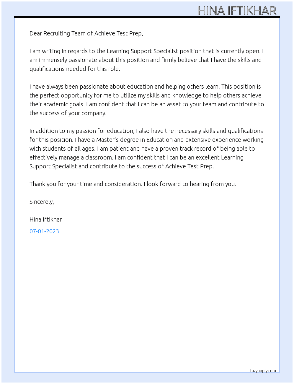 Learning Support Specialist At Achieve Test Prep Cover Letter