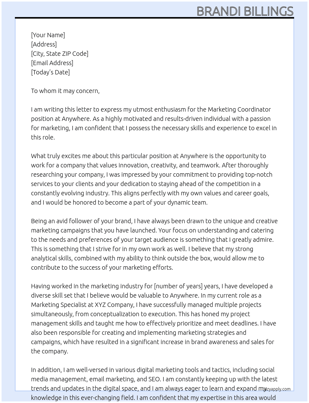 Marketing Coordinator At Anywhere Cover Letter