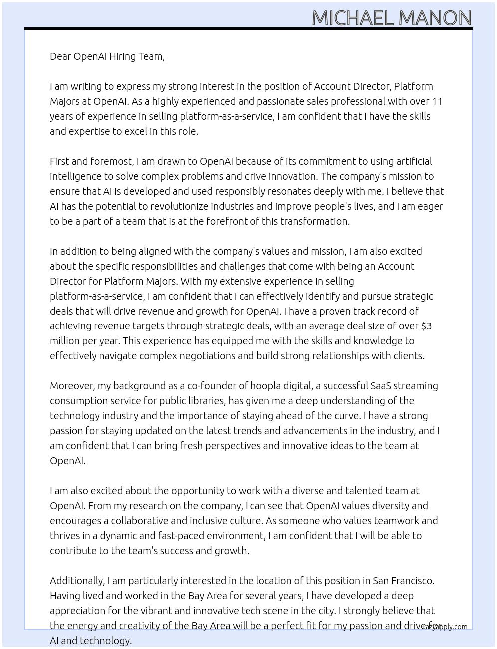 Account Director, Platform Majors At OpenAI Cover Letter