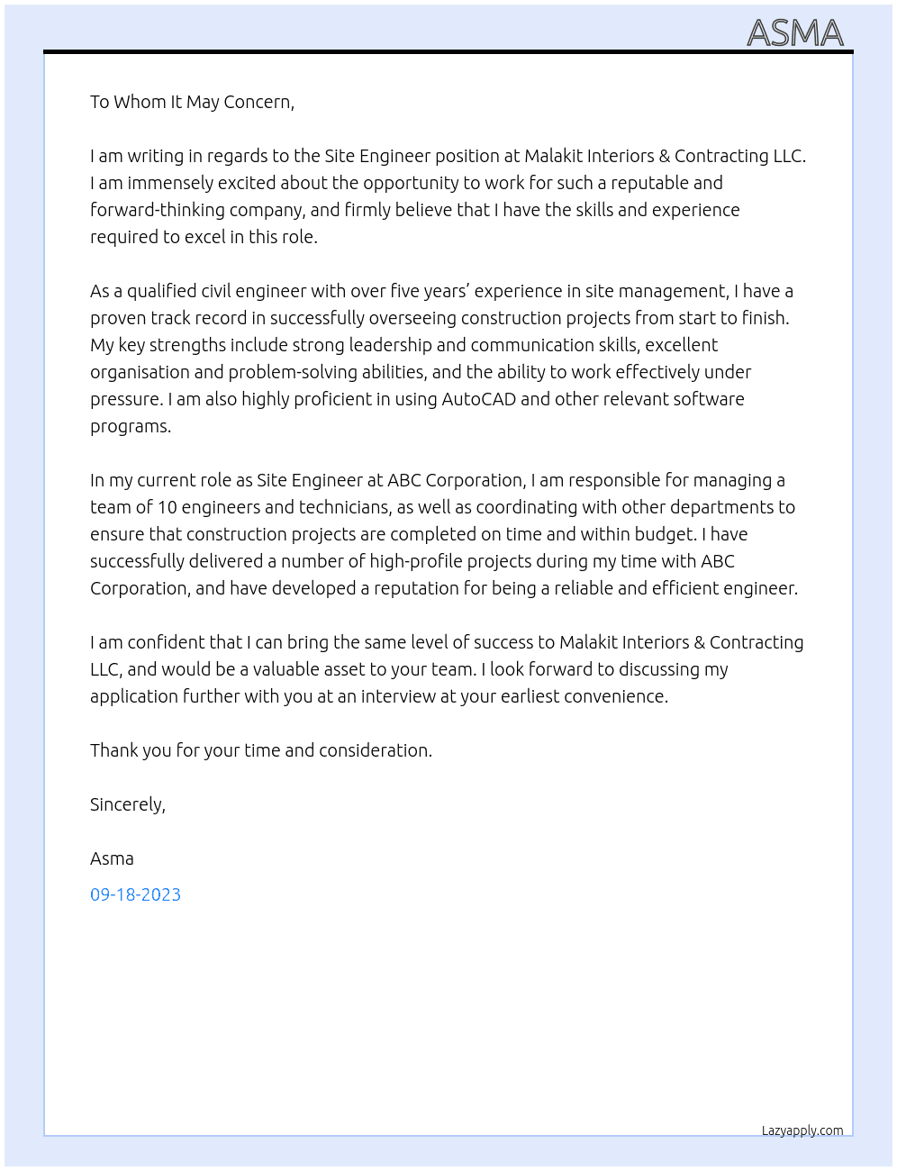 site engineer  At Malakit Interiors & Contracting LLC Cover Letter