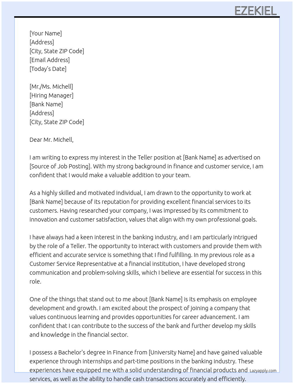 Teller At Bank Cover Letter