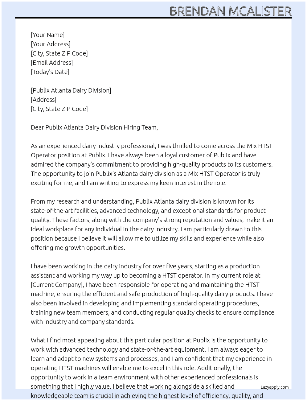 Mix HTST Operator At Publix Cover Letter