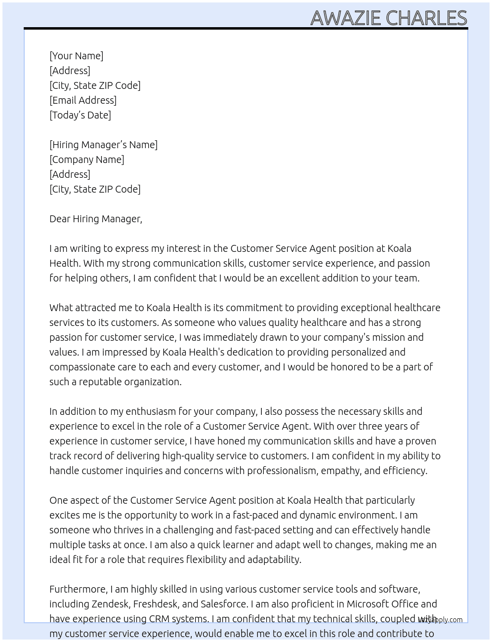 Customer Service Agent At Koala Health Cover Letter
