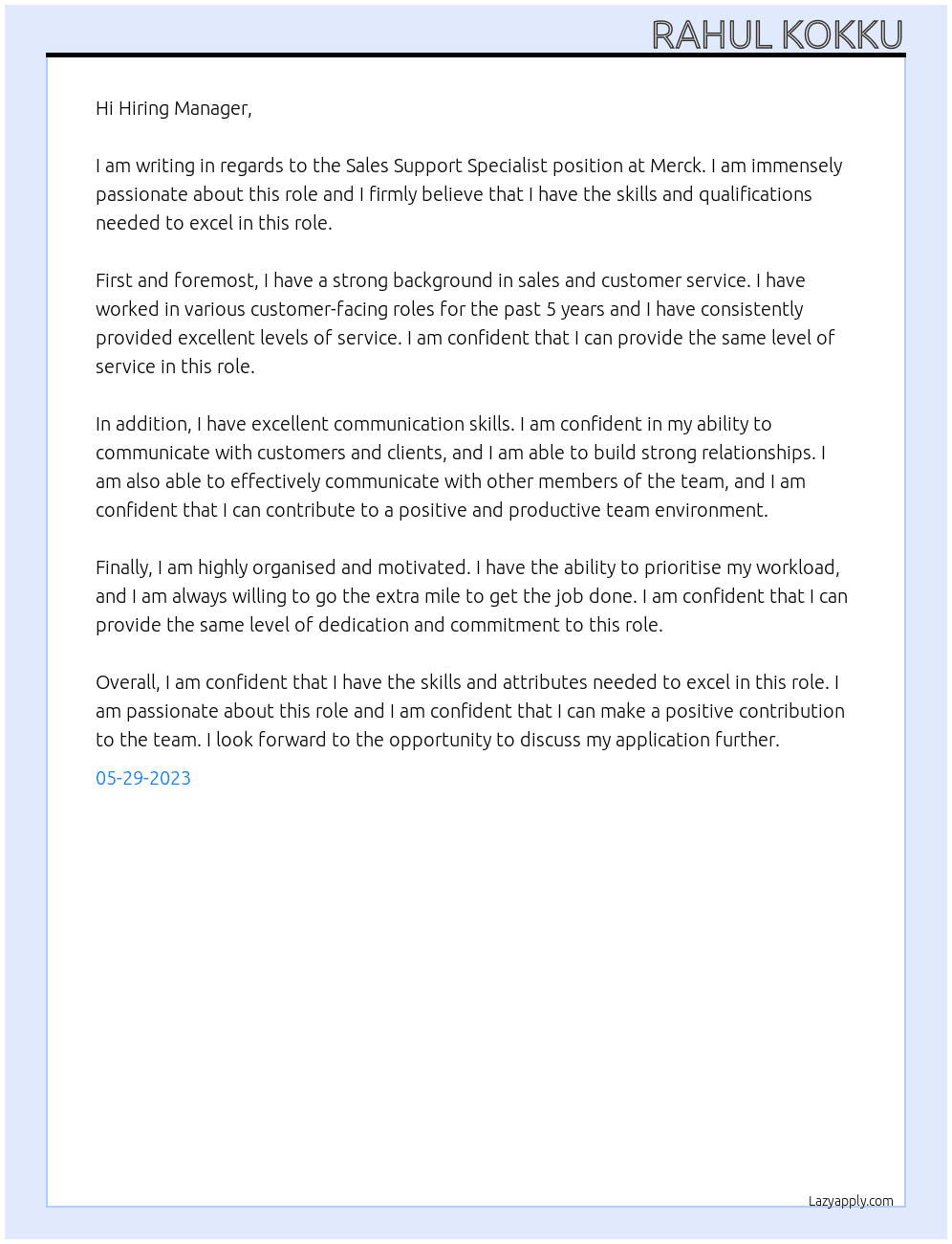 Sales Support Specialist At Merck Cover Letter
