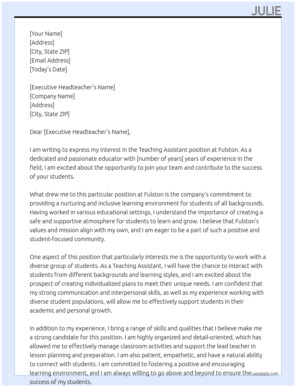 Teaching assistant At Fulston Cover Letter