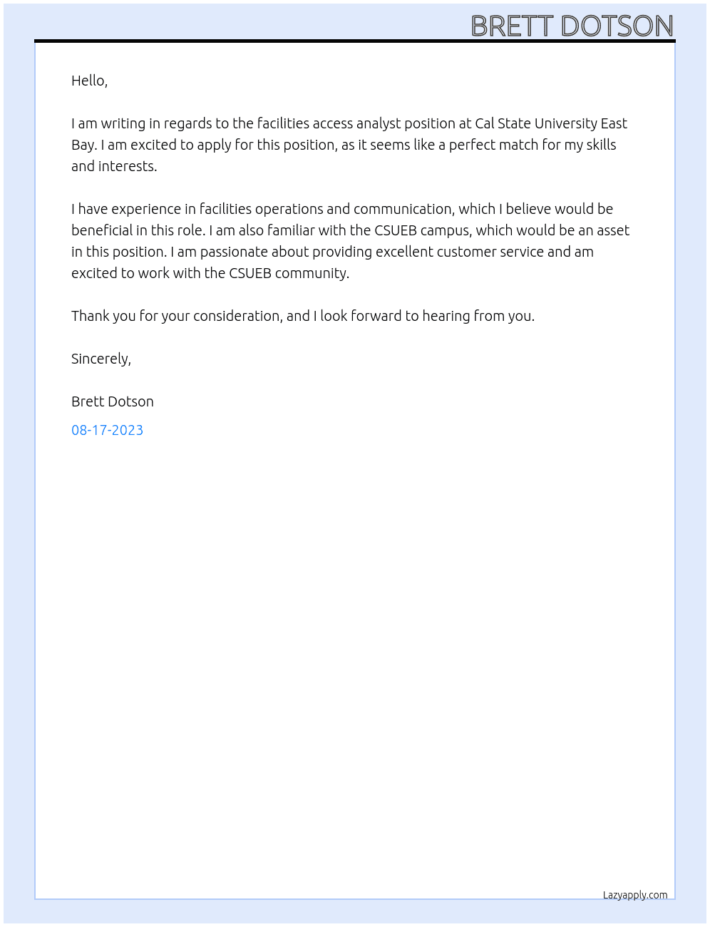 facilities access analyst At cal state university east bay Cover Letter