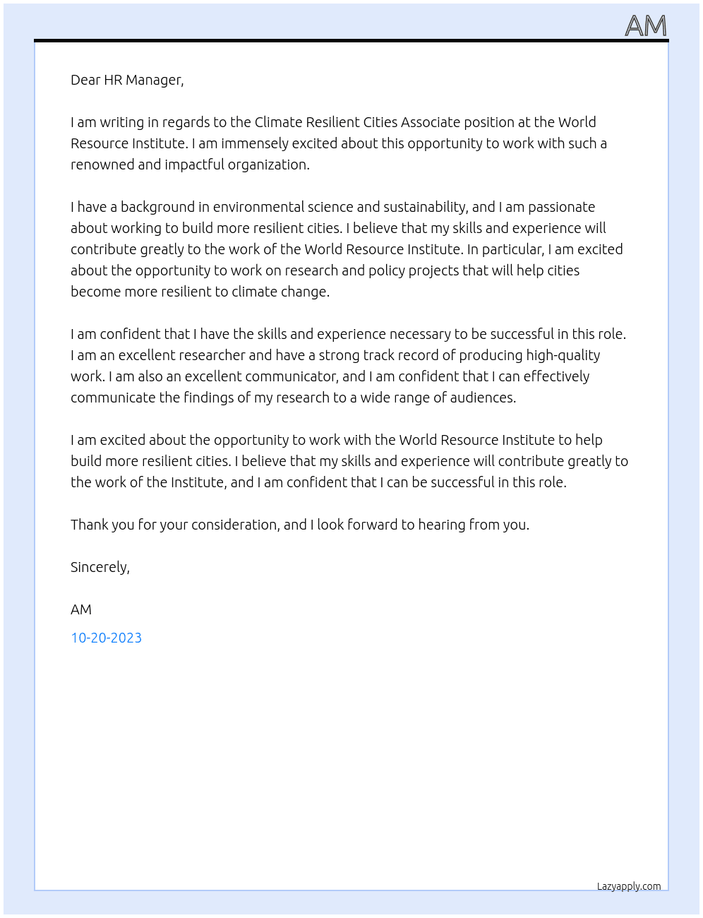 CLIMATE RESILIENT CITIES ASSOCIATE At World Resource Institute Cover Letter