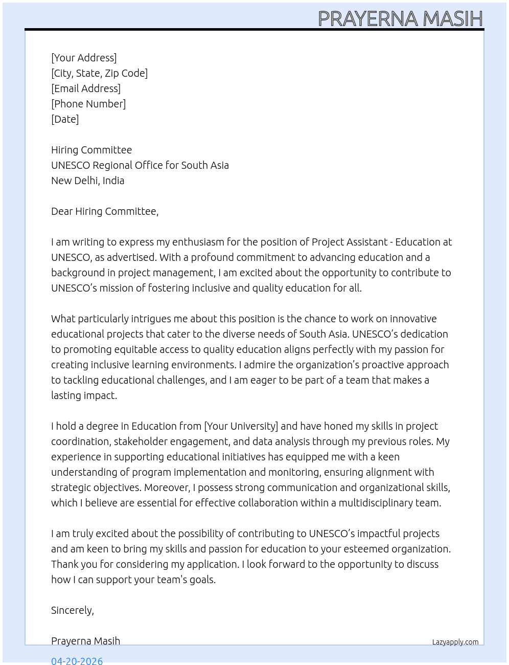 Project Assistant - Education At Unesco Cover Letter