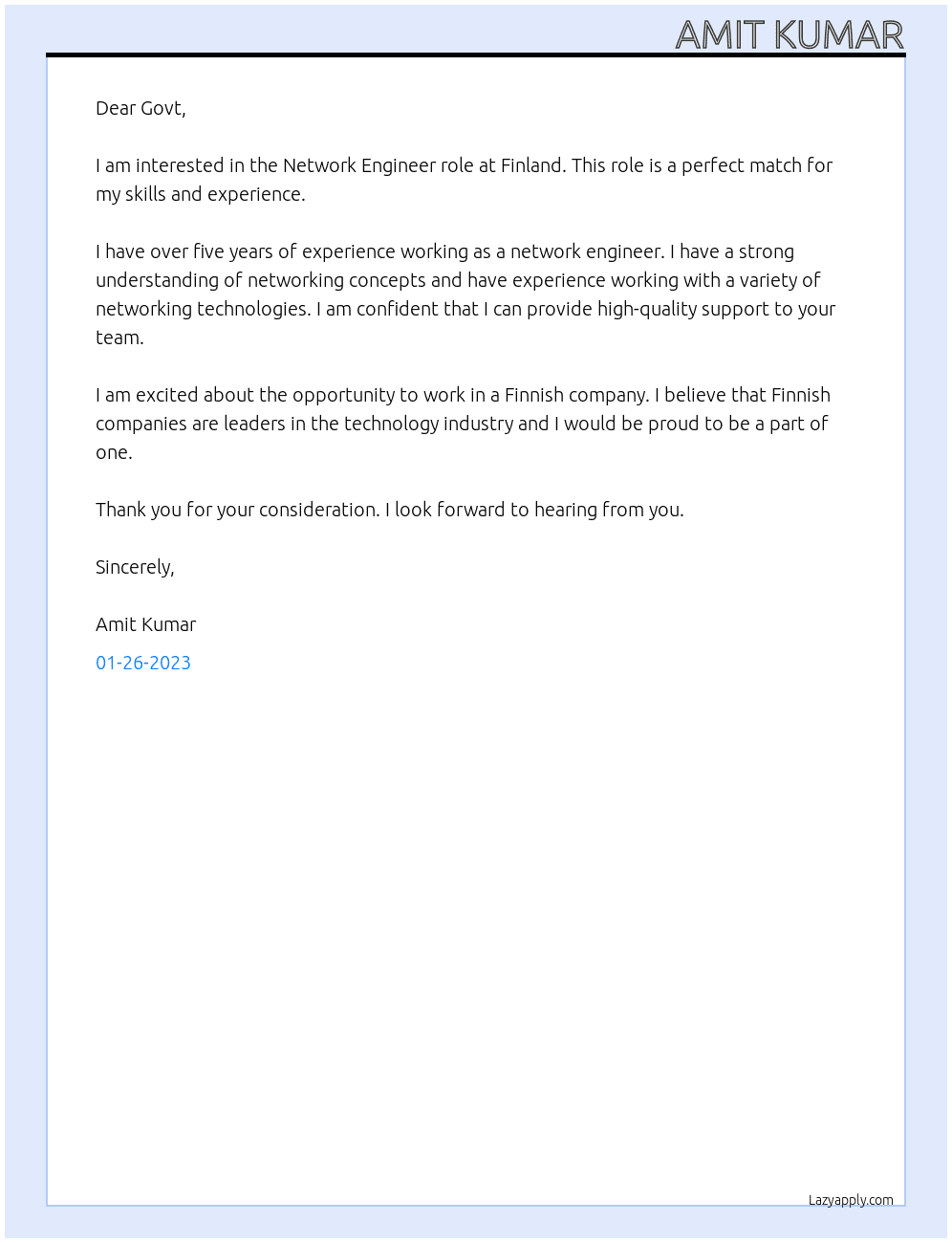 Network Engineer At Finland Cover Letter