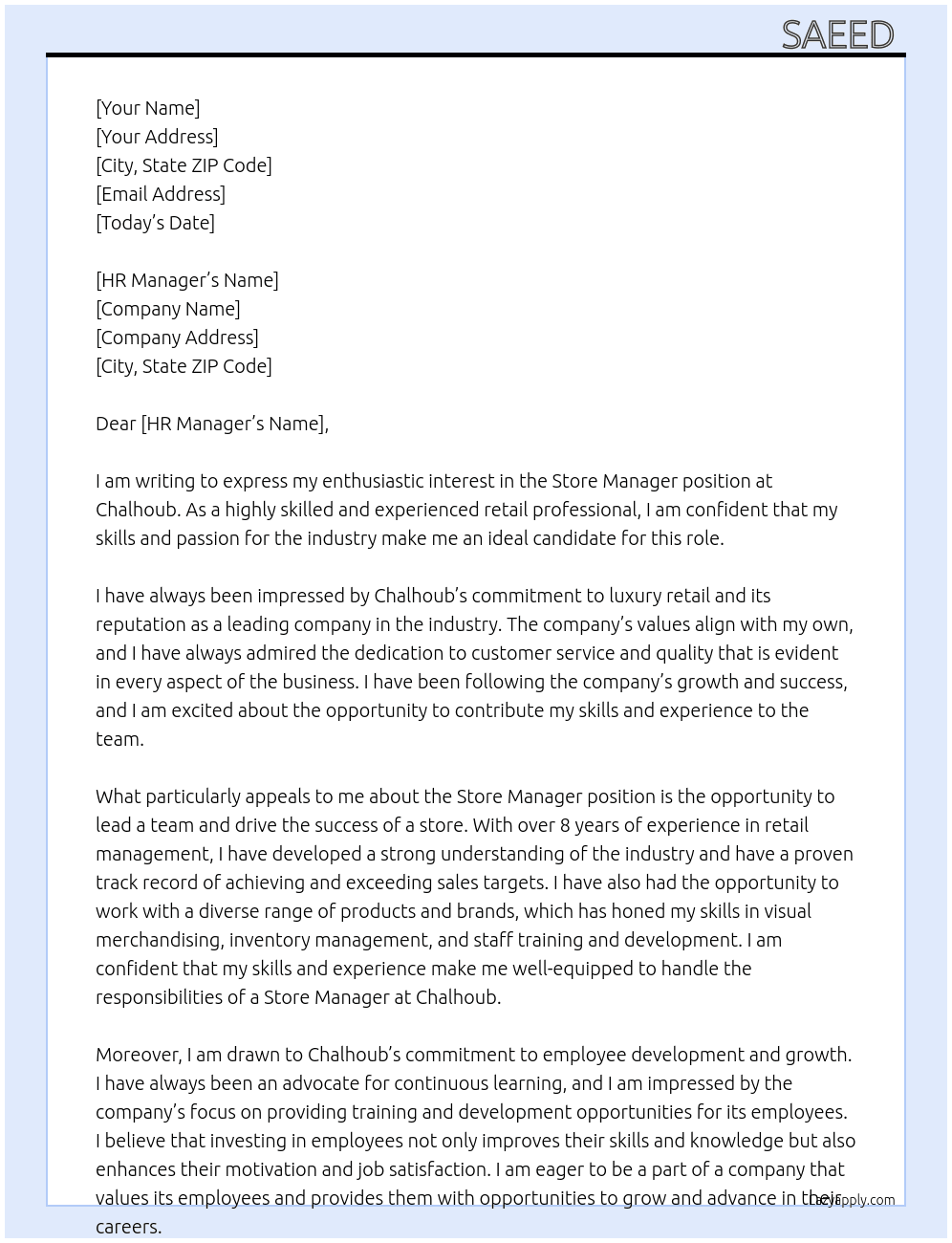 Store manager  At Chalhoub Cover Letter