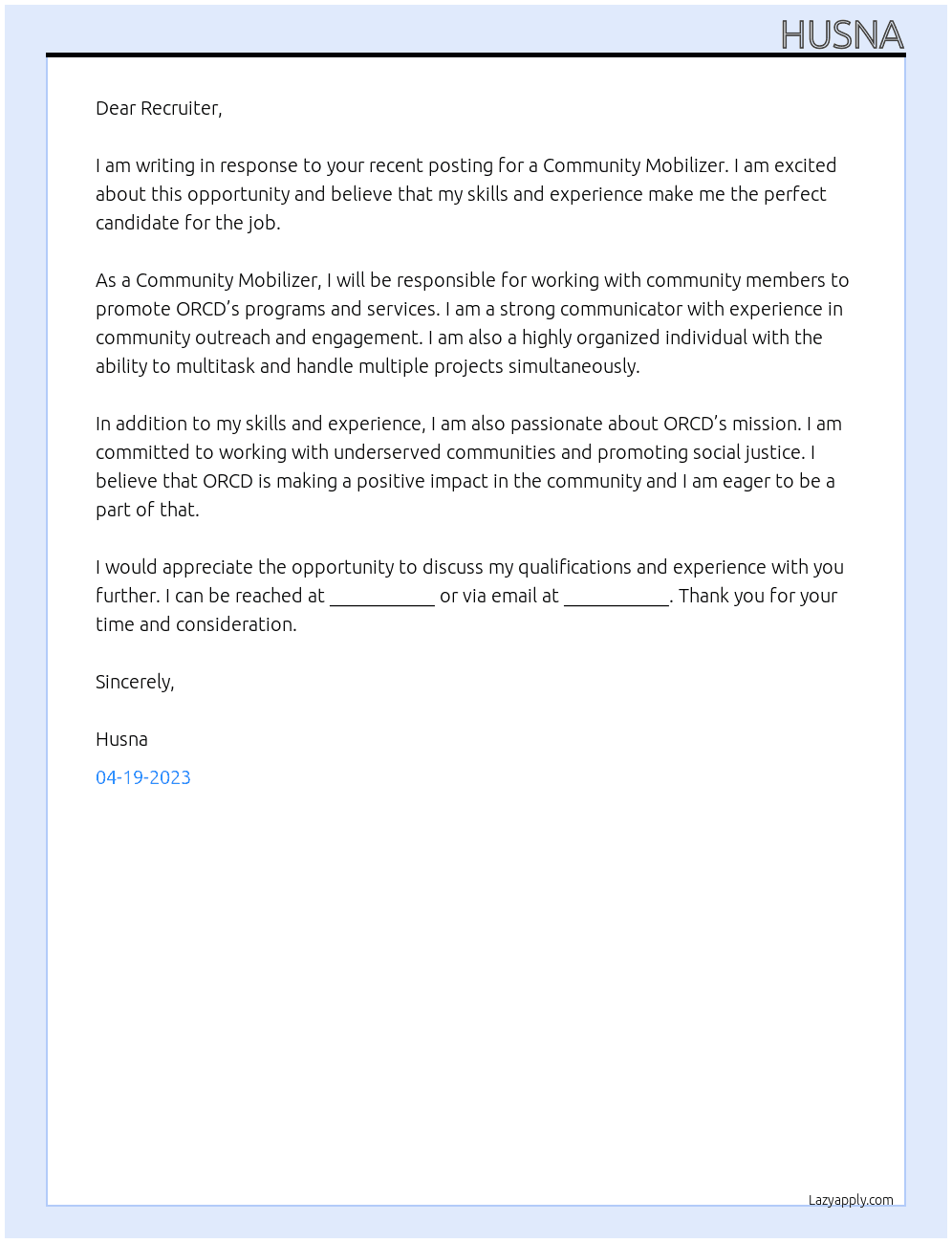 Community mobilizer  At ORCD  Cover Letter