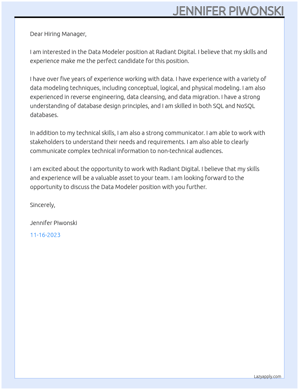 Data Modeler At Radiant Digital Cover Letter