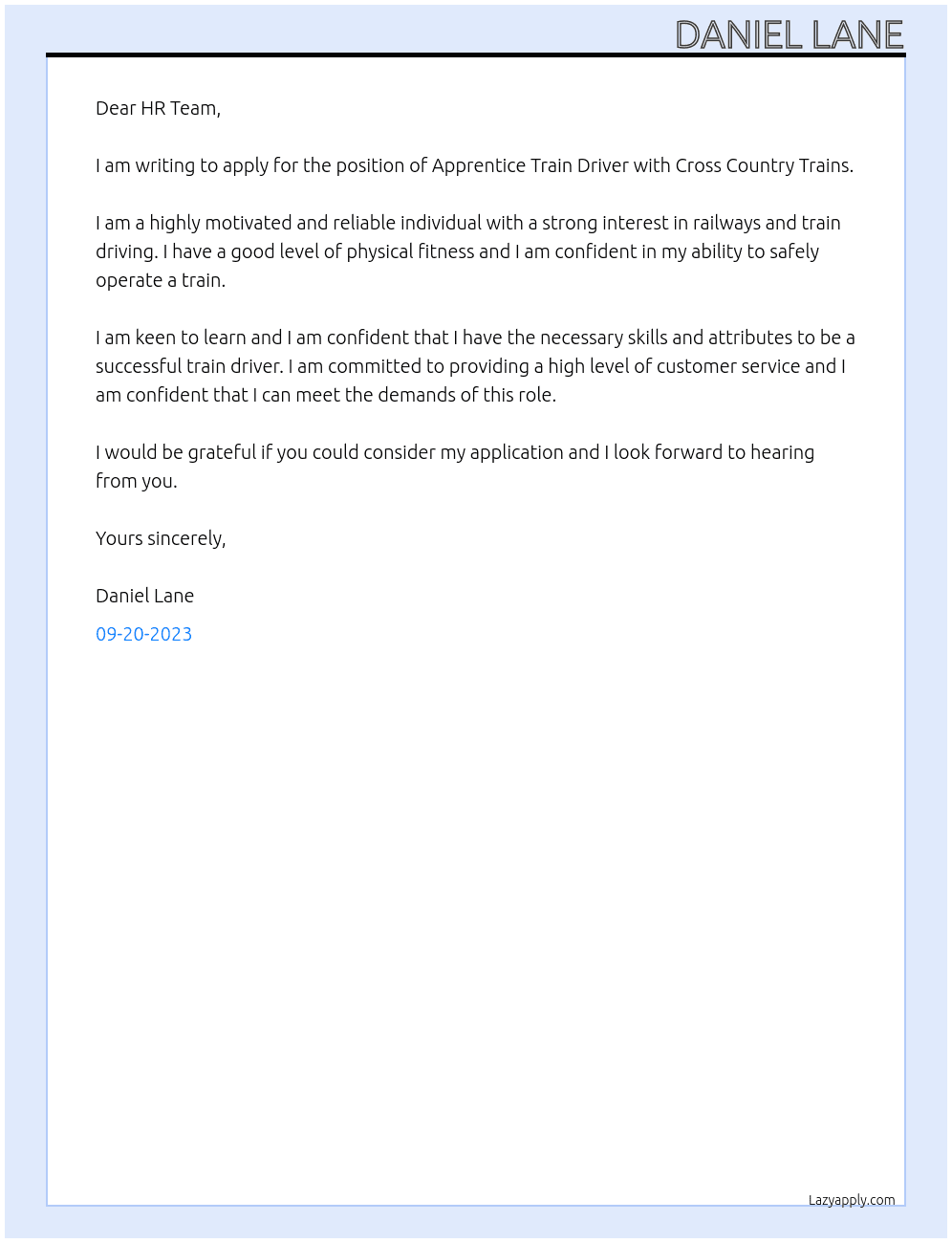 Apprentice train driver  At Cross country trains Cover Letter