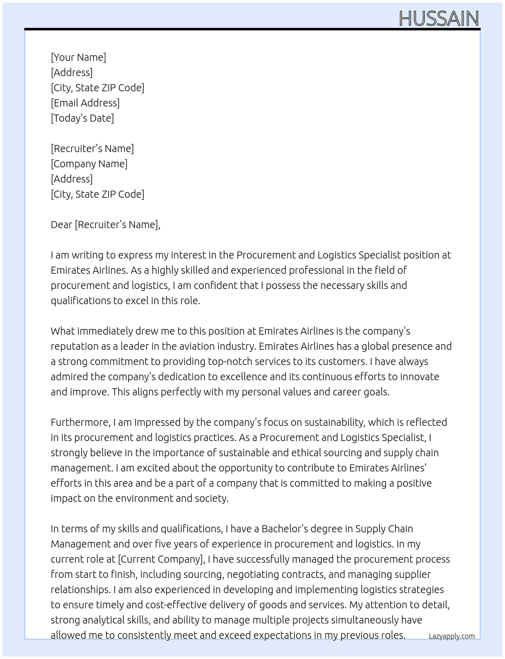 Cover letter for procurement and logistics specialist - LazyApply