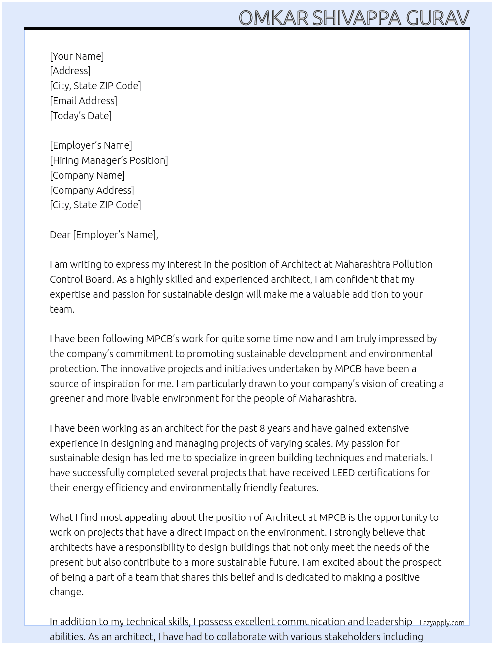 architect At Maharashtra Pollution Control Board Cover Letter