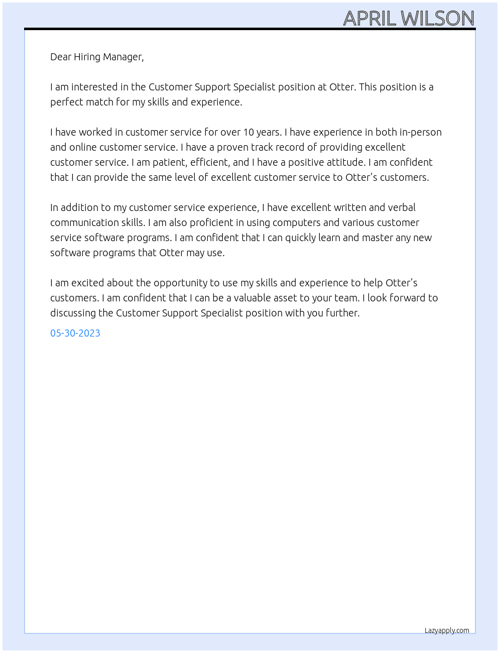 Customer Support Specialist  At Otter Cover Letter