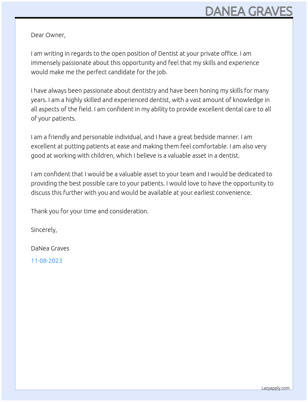 Dentist At Private office Cover Letter
