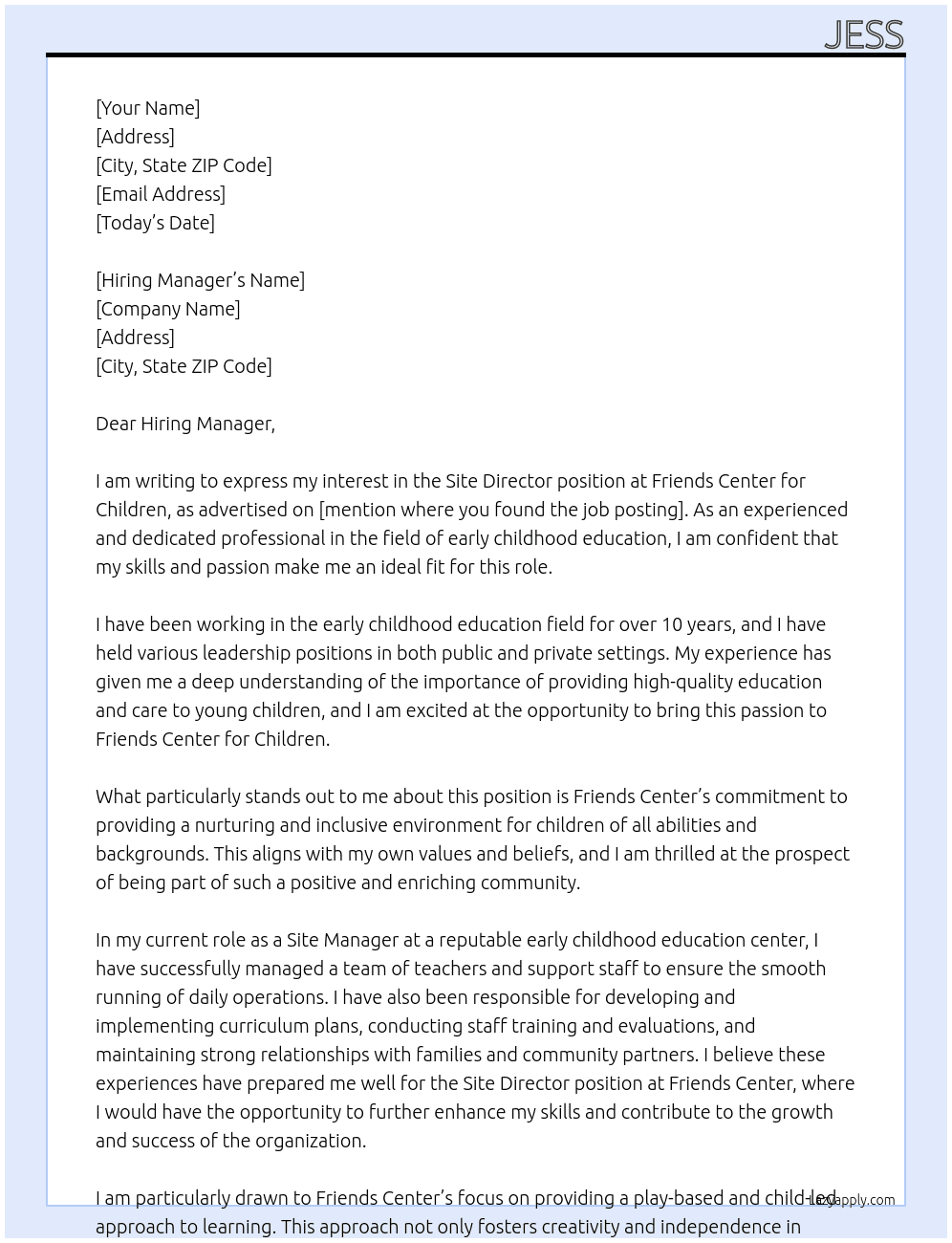 Site Director  At Friends Center for Children  Cover Letter