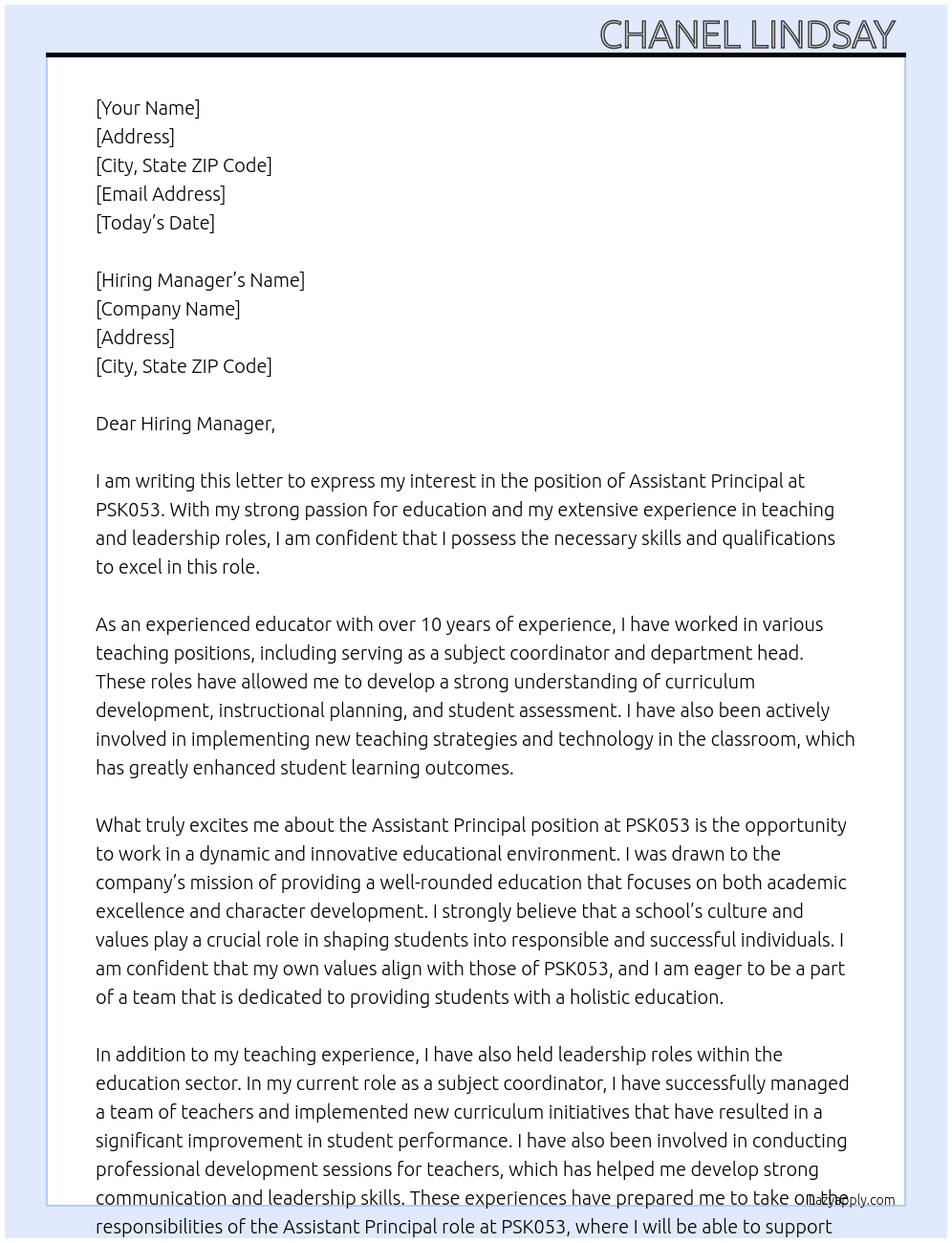 Assistant Principal  At PSK053 Cover Letter