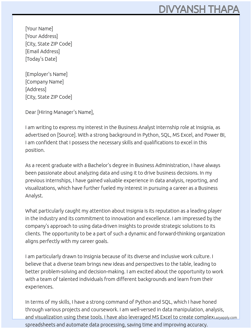 Business analyst At Insignia Cover Letter