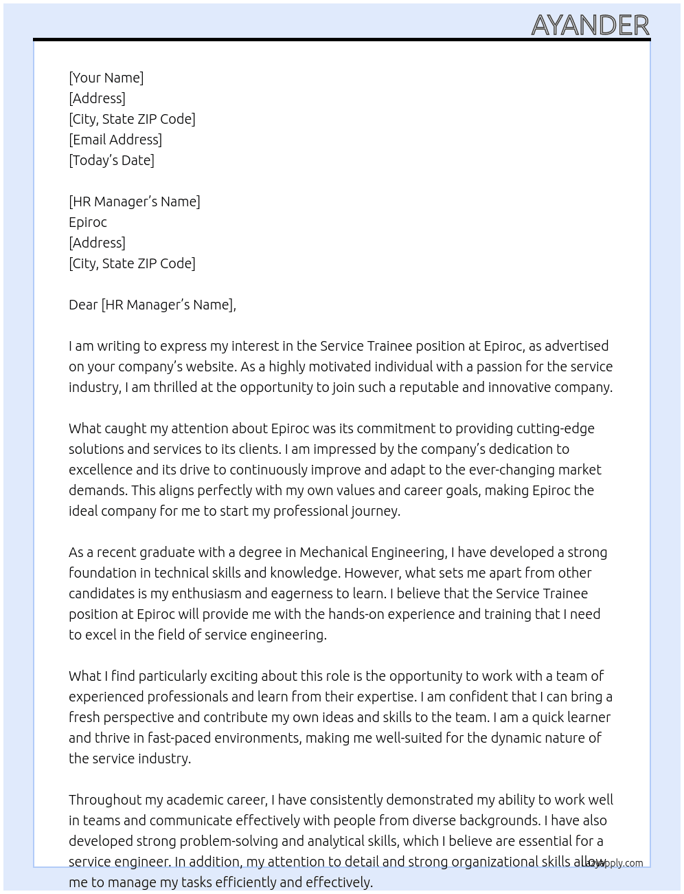 Service trainee  At Epiroc  Cover Letter
