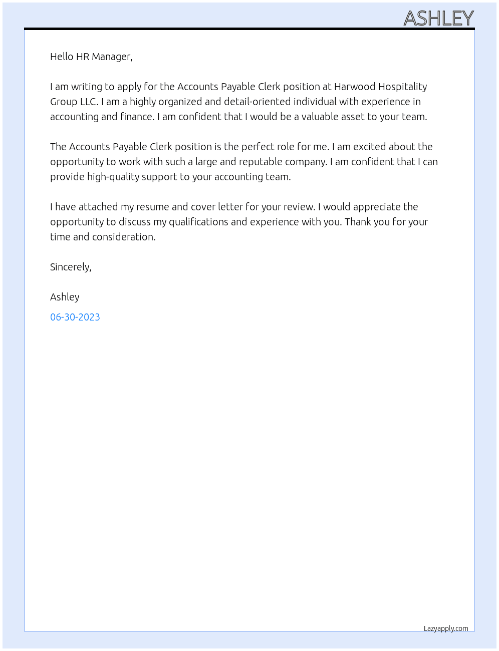 Accounts Payable Clerk At Harwood Hospitality Group LLC Cover Letter