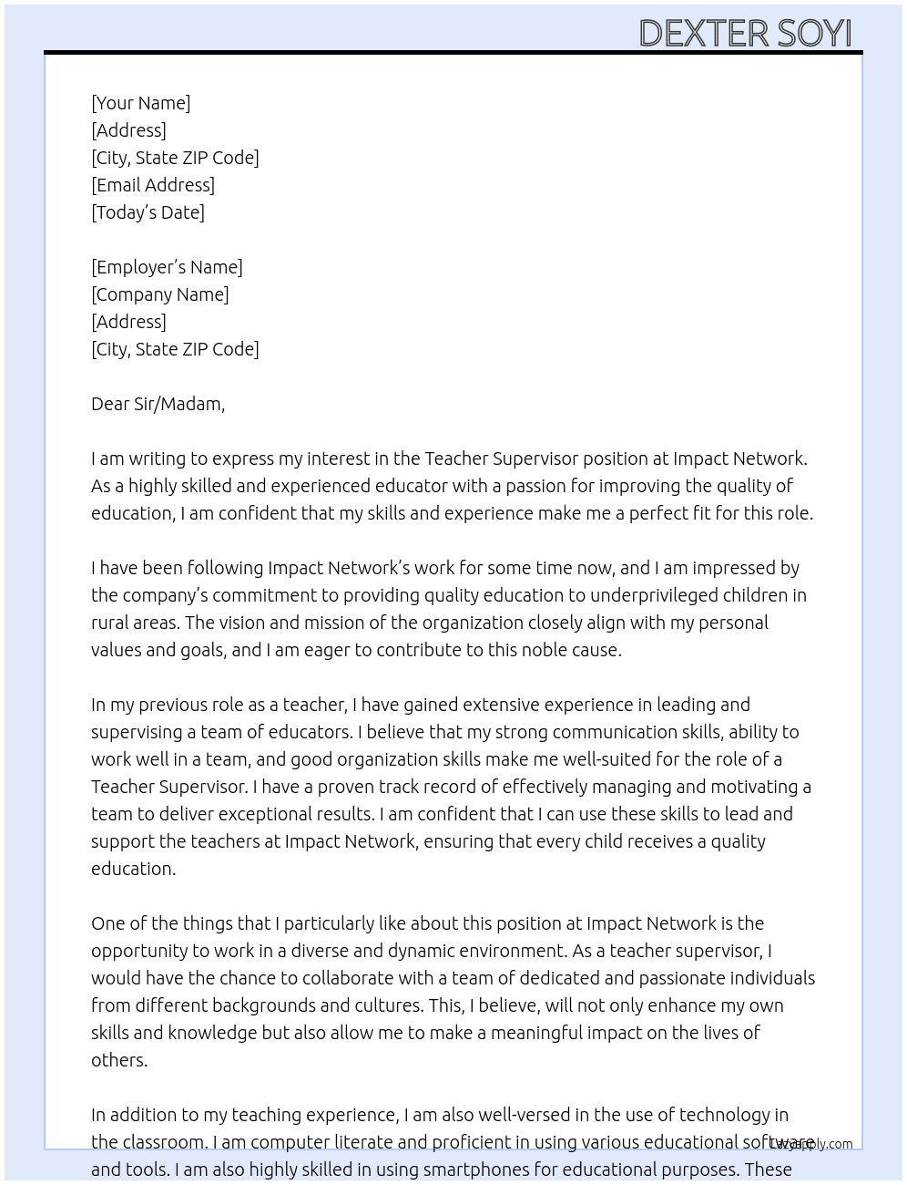 Teacher supervisor  At Impact network  Cover Letter