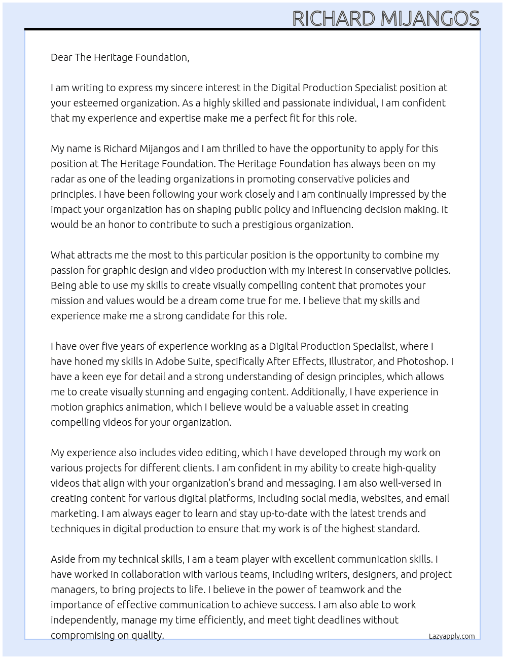 Digital Production Specialist At The Heritage Foundation Cover Letter
