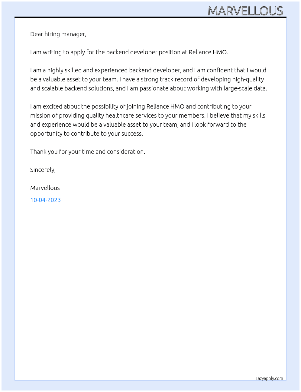 Backend developer  At Reliance HMO Cover Letter
