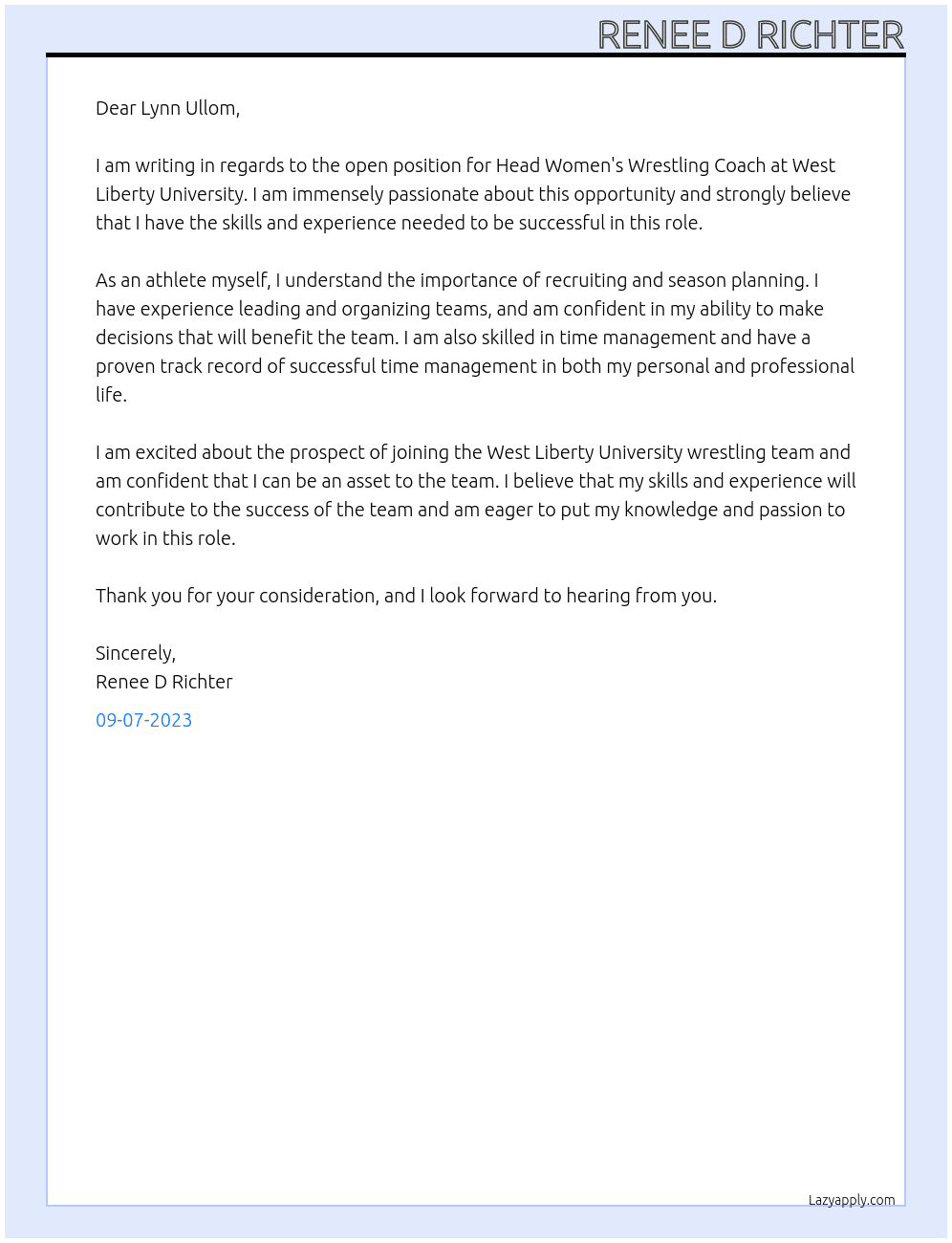 Head Women's Wrestling Coach  At West Liberty University Cover Letter