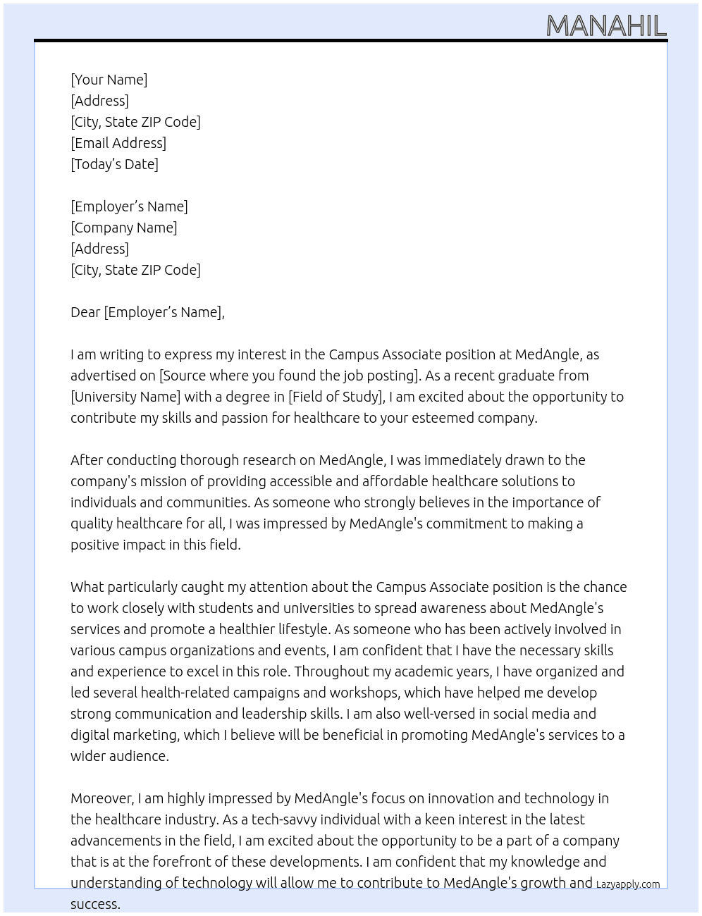 Campus Associate At MedAngle Cover Letter